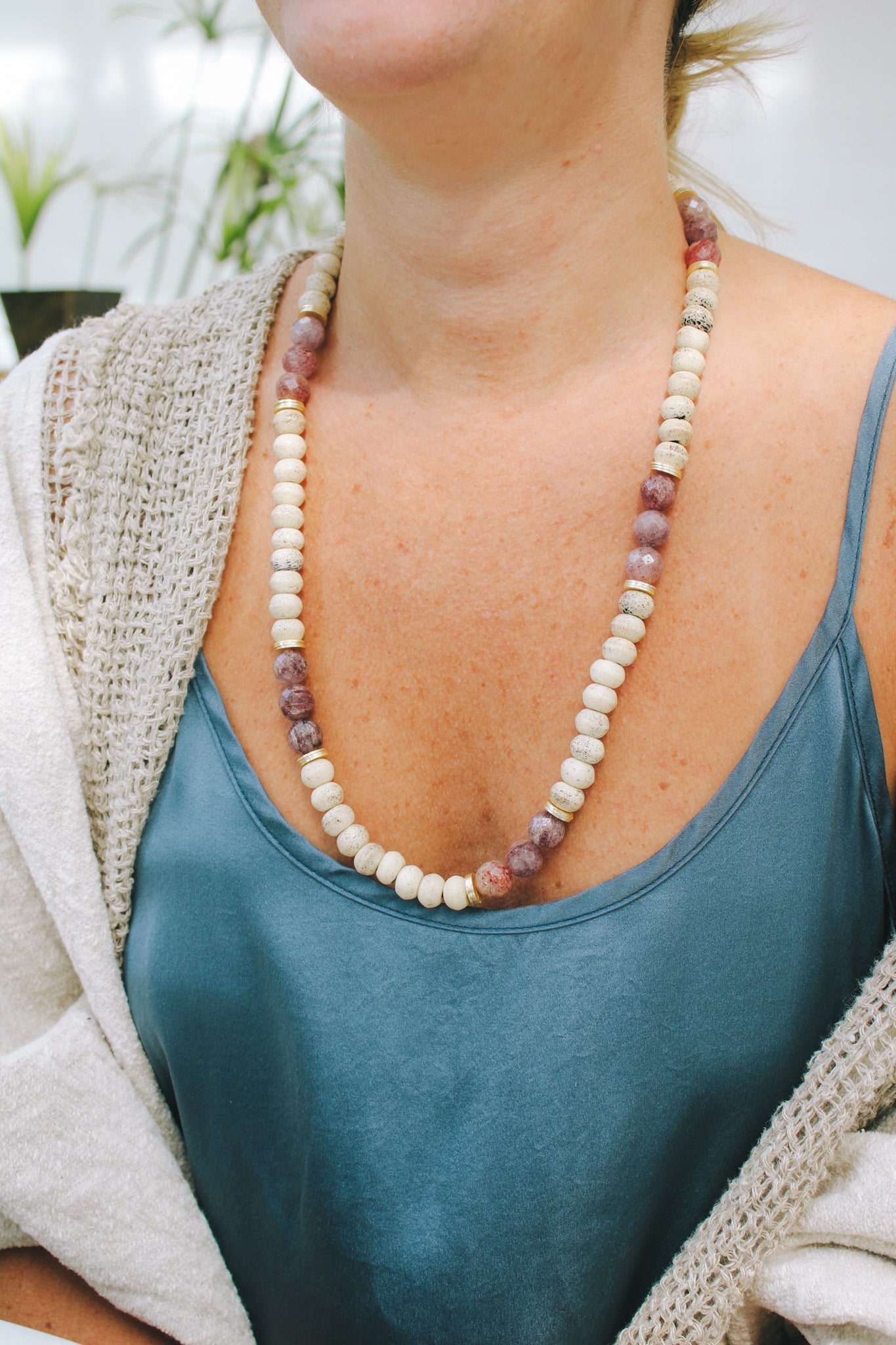 Rustic Gray Mala Bead & Strawberry Quartz NecklaceRobin JacksonNecklace