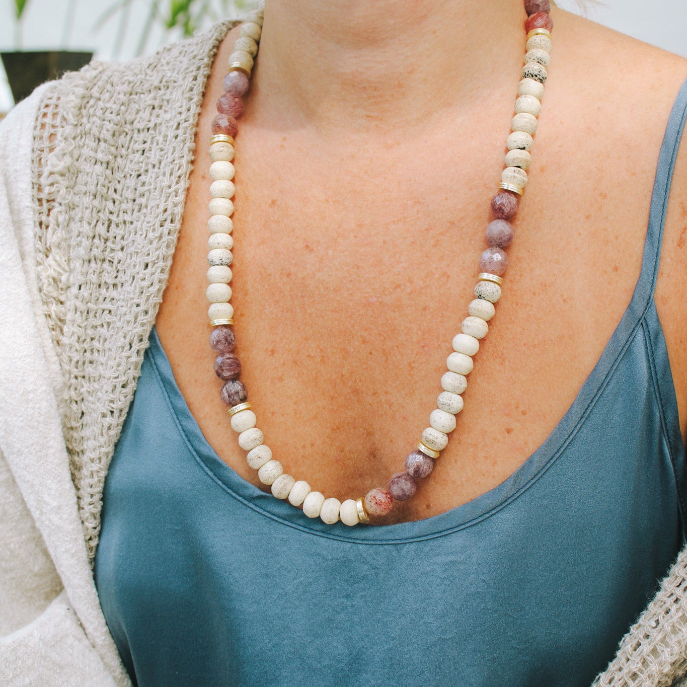 Rustic Gray Mala Bead & Strawberry Quartz NecklaceRobin JacksonNecklace