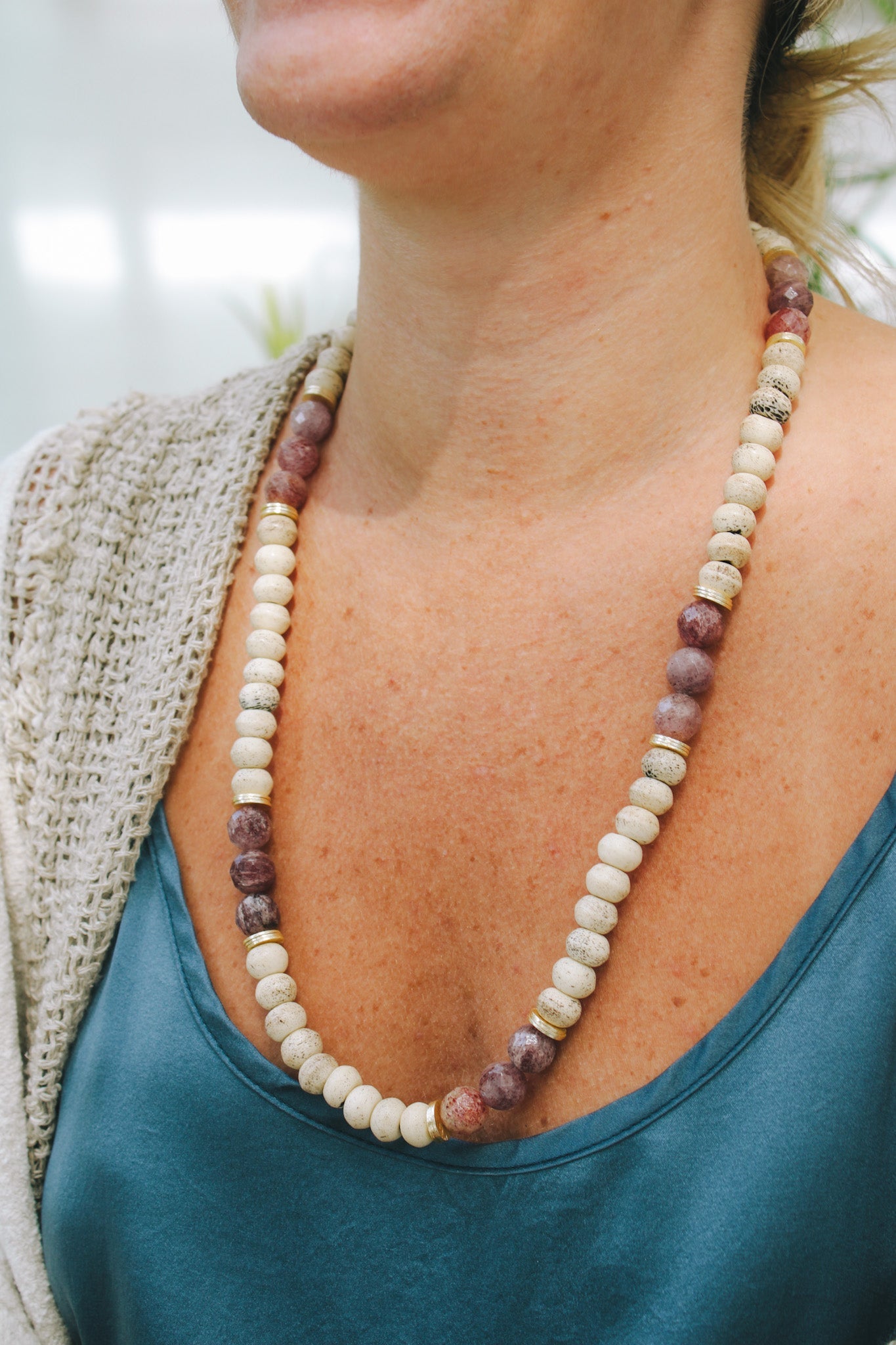 Rustic Gray Mala Bead & Strawberry Quartz NecklaceRobin JacksonNecklace