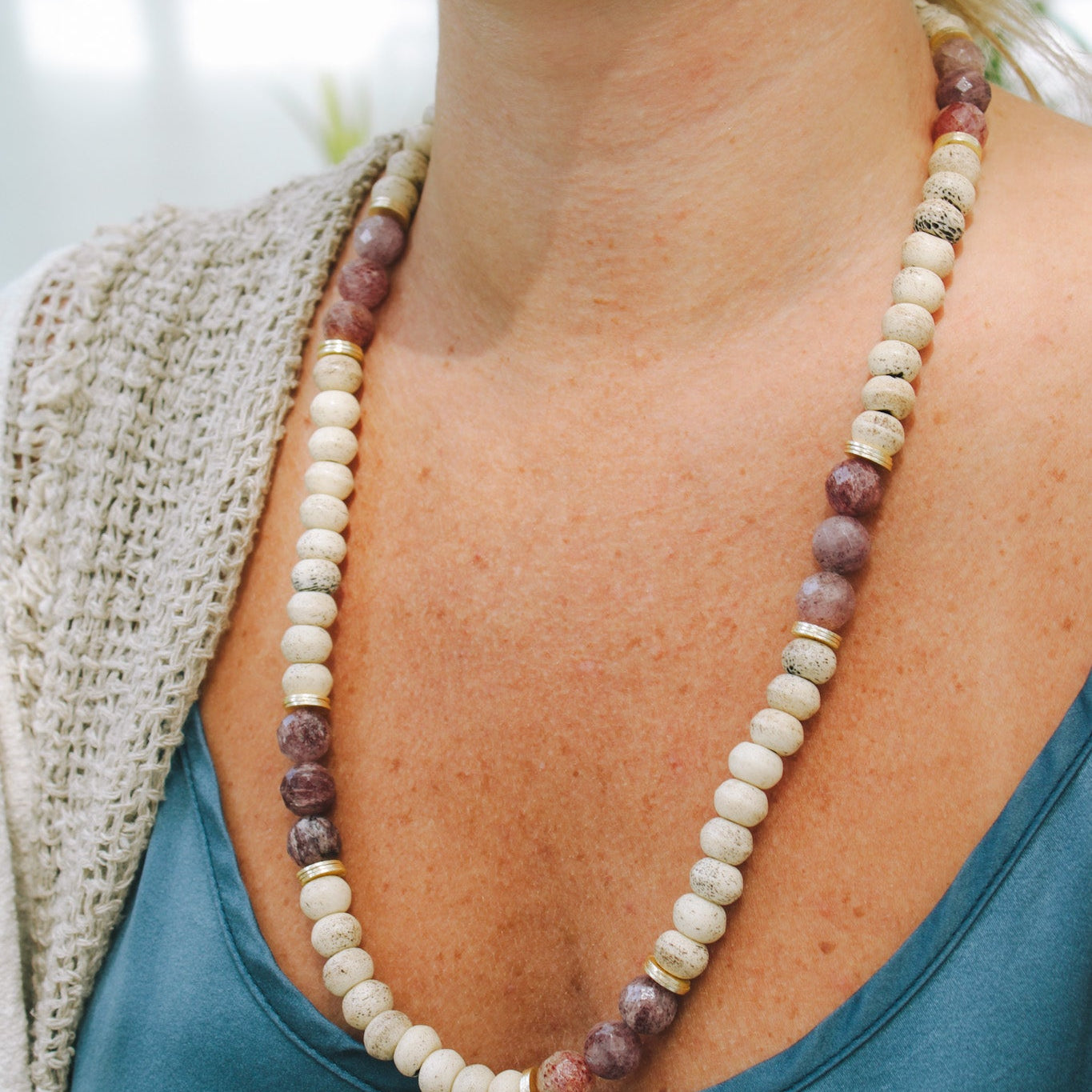 Rustic Gray Mala Bead & Strawberry Quartz NecklaceRobin JacksonNecklace