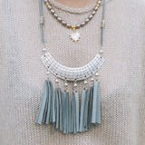 Silver & Blue-Gray Short Leather Tassel Necklace 8SFHBella Smith DesignsNecklaces