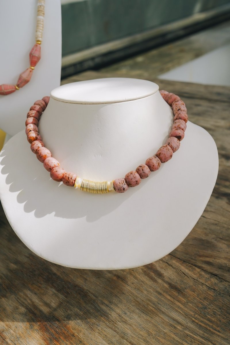Speckled Pink African Beads, Gold & Pearl Accent NecklaceRobin JacksonNecklaces