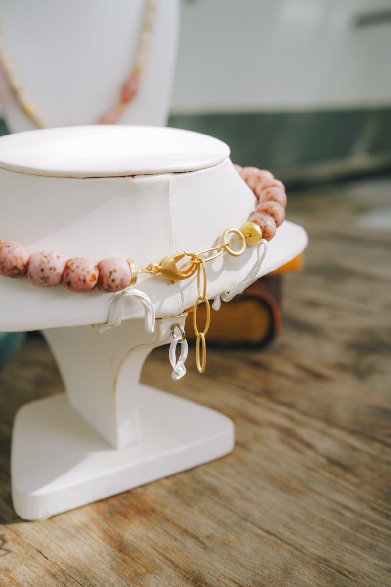 Speckled Pink African Beads, Gold & Pearl Accent NecklaceRobin JacksonNecklaces