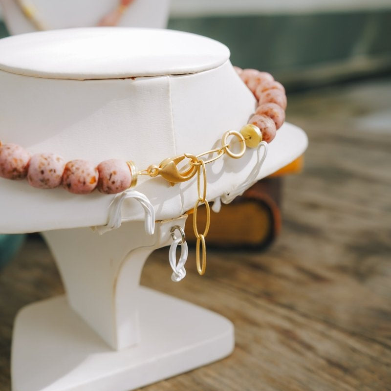 Speckled Pink African Beads, Gold & Pearl Accent NecklaceRobin JacksonNecklaces