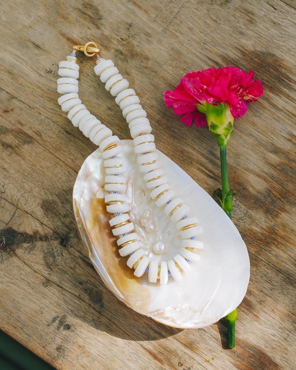 White Glass African, Gold & Blue Accent Beaded NecklaceRobin JacksonNecklaces