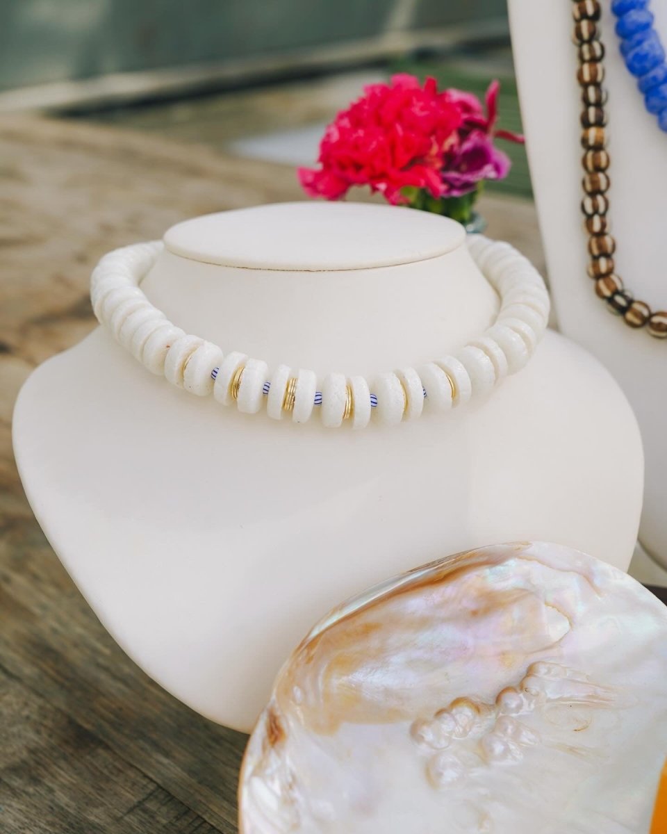 White Glass African, Gold & Blue Accent Beaded NecklaceRobin JacksonNecklaces
